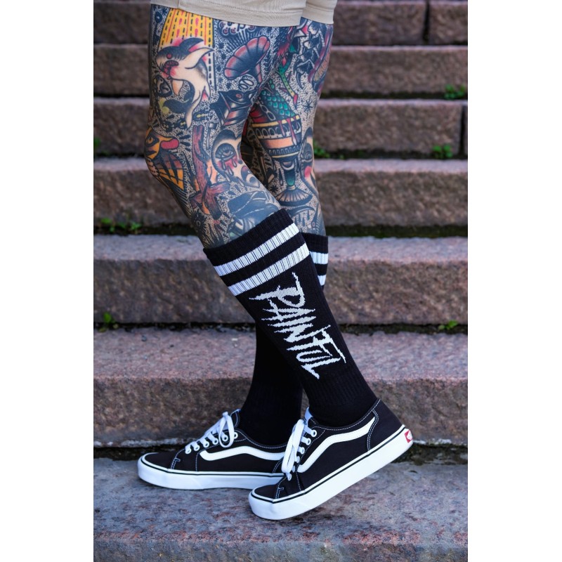 Painful clothing black knee high trash logo socks